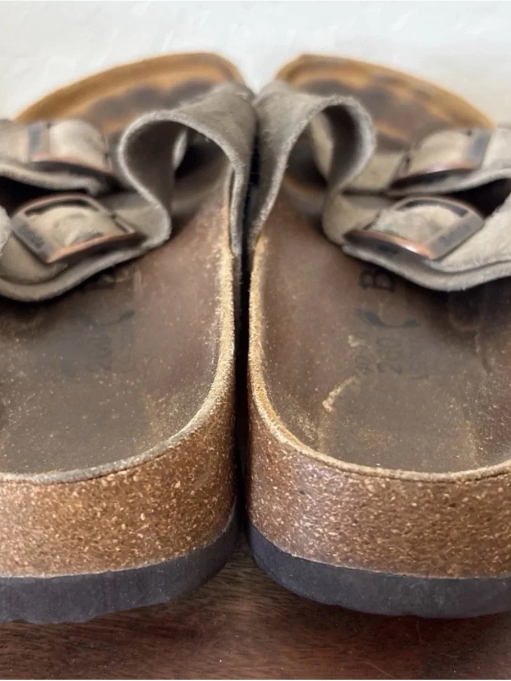 The Birkenstock Betula Taupe Suede Leather Soft Footbed in size 40 (US 9.5)